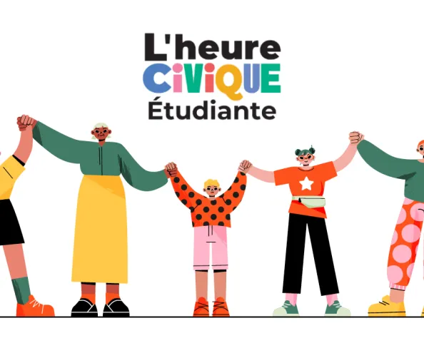 Illustration de plusieurs étudiants qui se tiennent la main sous le logo de l Heure Civique Étudiante